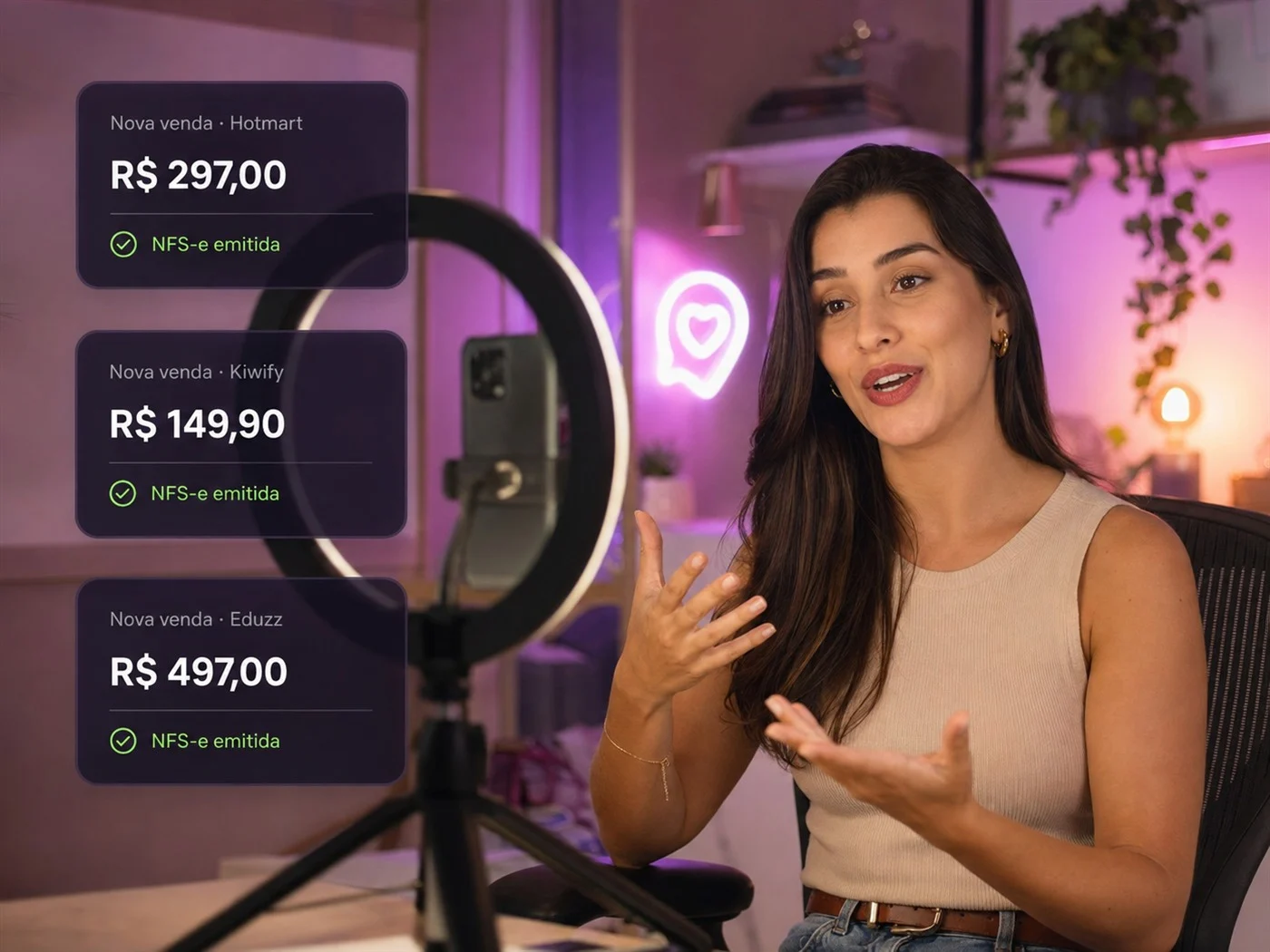 Criadora de conteúdo gravando enquanto as vendas entram e as notas são emitidas